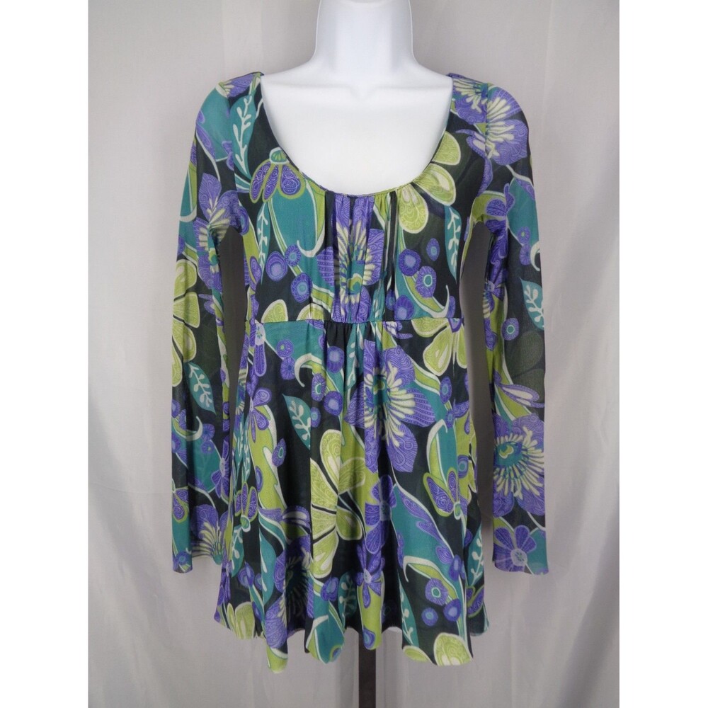Sweet Pea by Stacy Frati Floral Nylon Mesh Babydoll Top Large Fairy Whimsy Y2K